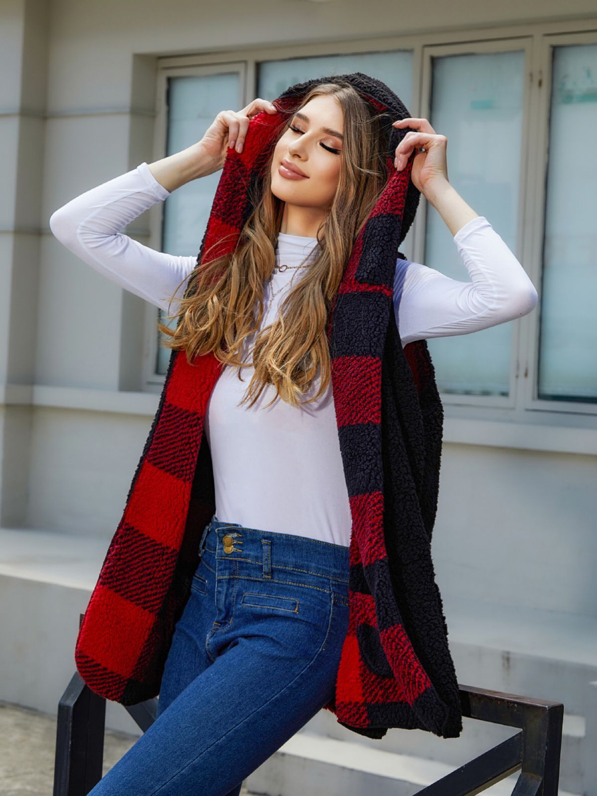 Cardigan Plaid Plush Vest Coat For Women